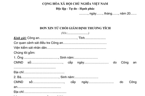 Mẫu đơn từ chối giám định thương tích